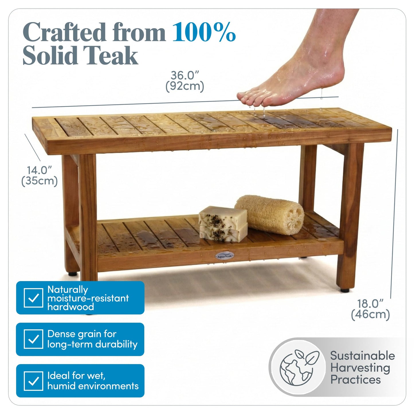 AquaTeak The Original 36" Spa Teak Shower Bench - Shower Stool with Storage Shelf for Bathroom - Durable Water Resistant Shower Chair - Shaving Foot Rest - Indoor & Outdoor Use