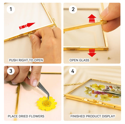 BABUFINE Pressed Flower Frames with Tweezers, Wall Hanging Double Glass Picture Frames with Chain for Dried Flowers Plants Wall Decor,Only Frame (Gold-3PCS)