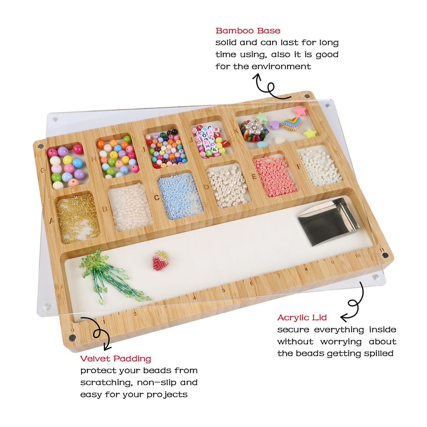 Favonuovy Beads Sorting Tray with Scoop, Magnetic Acrylic Lid, Band and Velvet Padding Bead Boards for Jewelry Bracelet Making Wood Beading Mat Engraved with 11in Ruler, 12 Compartments and Letter A-K
