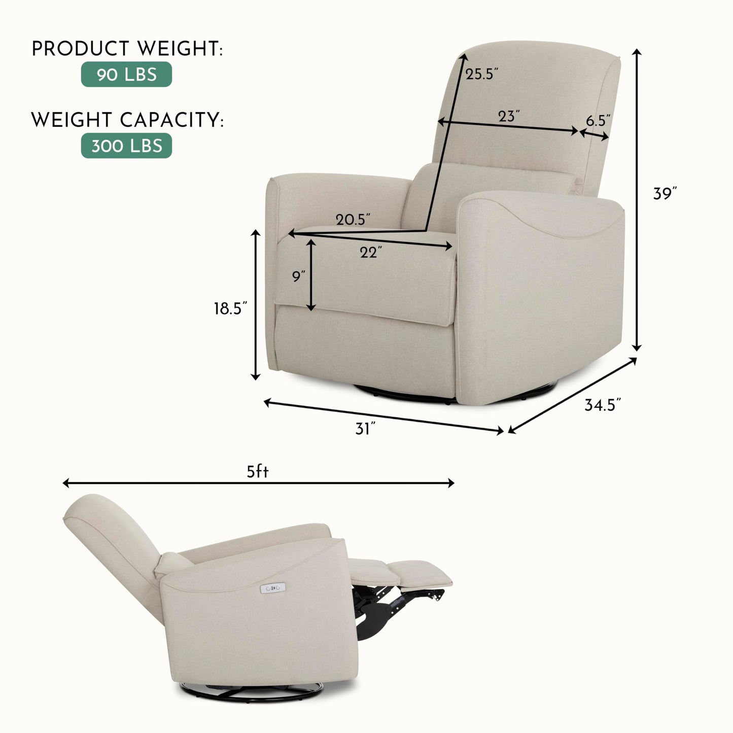 Evolur Belmont Nursery Glider Chair with Massager in Light Sand, Power Recliner with 275° Swivel, Lumbar Support Modern Rocking Chair for Baby Room, Nursery & Living Room