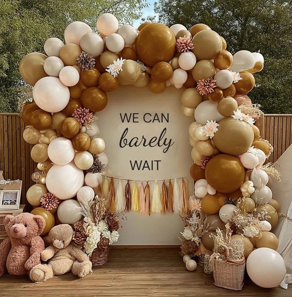 Neutral Balloon Arch Garland Kit - Double Stuffed Nude Beige Brown Cream Gold Balloons with Artificial Flowers Tissue Tassels for Birthday Bear Baby Shower Bridal Party Decoration