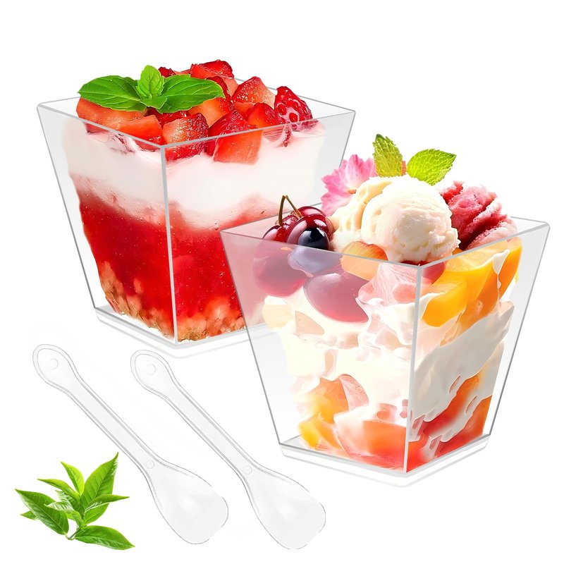 piopiocoing 50 Pack 3.5 oz Clear Plastic Square Dessert Cups with Spoons，Mini Disposable Parfait Cups for Yogurt, Ice Cream and Tasting，Serving Cups for Appetizer，Pudding，Party (3.5 oz)