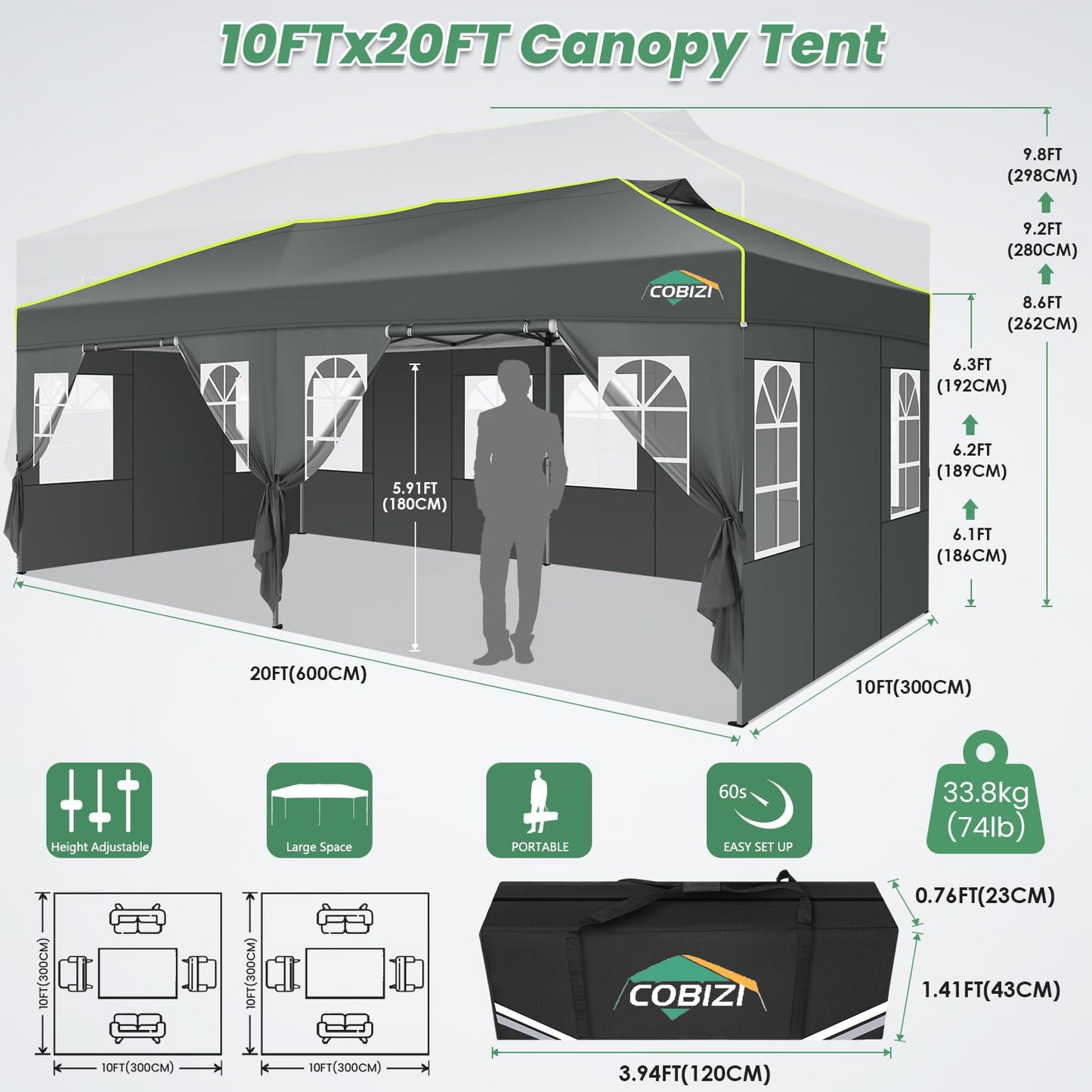 COBIZI 10x20 Pop Up Canopy Tent with 6 Removable Sidewalls, One Push Party Tent Outdoor Waterproof Event Canopy with Air Vent for Parties Commercial Wedding, 3 Height, Carry Bag, Sandbag, Gray