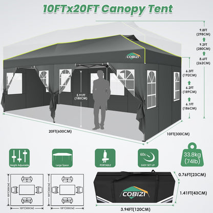 COBIZI 10x20 Pop Up Canopy Tent with 6 Removable Sidewalls, One Push Party Tent Outdoor Waterproof Event Canopy with Air Vent for Parties Commercial Wedding, 3 Height, Carry Bag, Sandbag, Gray
