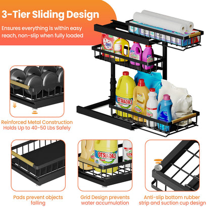 Aekenr Under Sink Organizer and Storage for Bathroom and Kitchen - 2 Pack 3 Tier Under Cabinet Pull Out Shelf Organizers - Slide Out Drawer Organization for Home Cabinets Shelves and Drawers