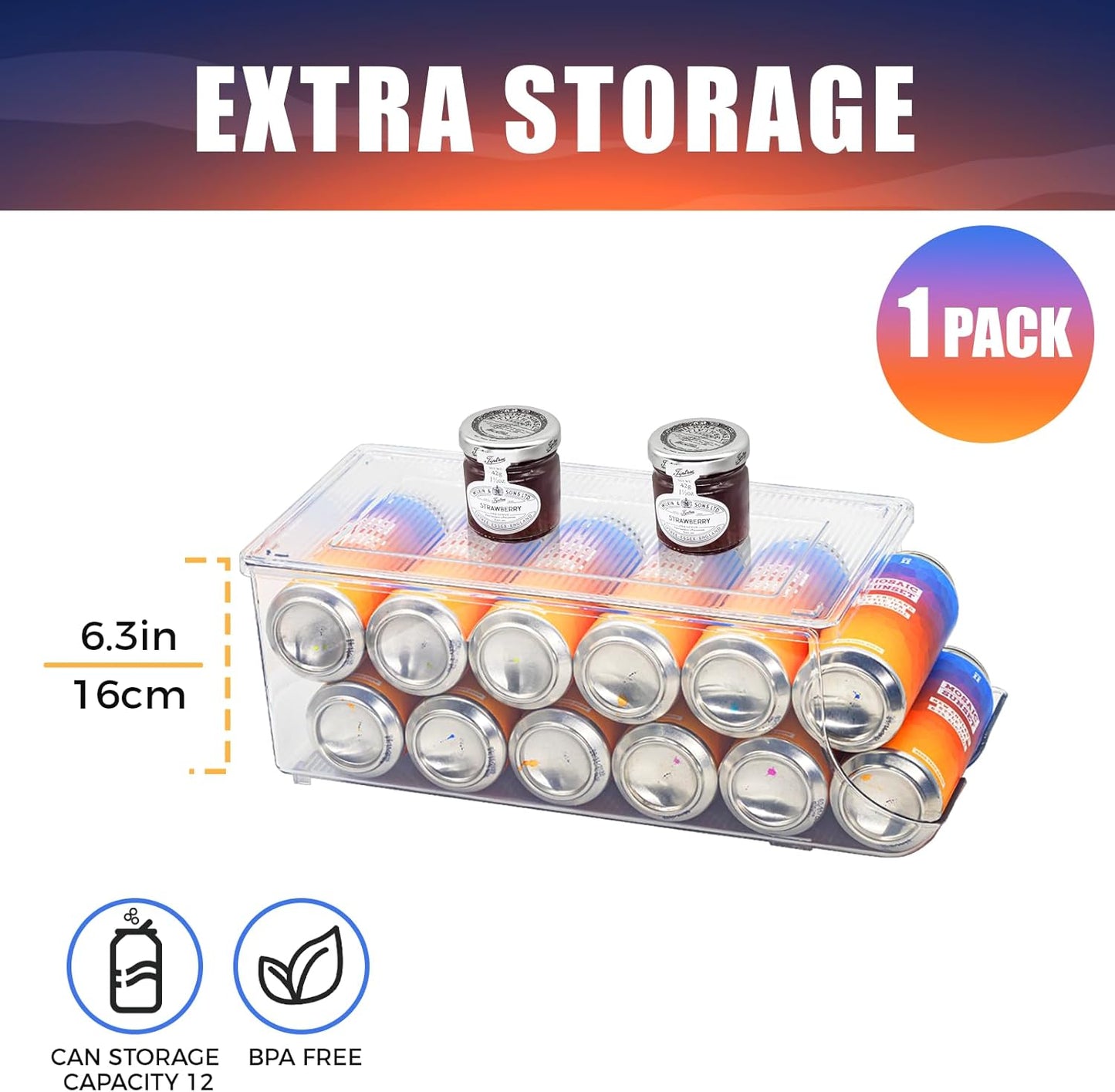 Tall Skinny Can Organizer for Refrigerator - Stackable Beverage Container Holder Dispenser with Lid for 16oz & 17oz