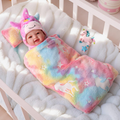 BABESIDE 2 Pcs Reborn Baby Doll Bedding Set for 12-17 Inch Dolls, Cute Animal & Star Pattern Doll Blanket and Pillow Set, Soft Bedding for Pretend Play and Dollhouse Accessories