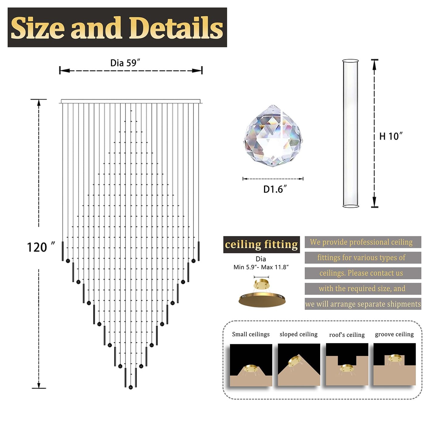 Flashing God D59''X H120'' Large Chandelier for High Ceiling, Modern Crystal Chandeliers Lighting Fixture Raindrop Chandelier for Entryway Staircase Foyer Living Room