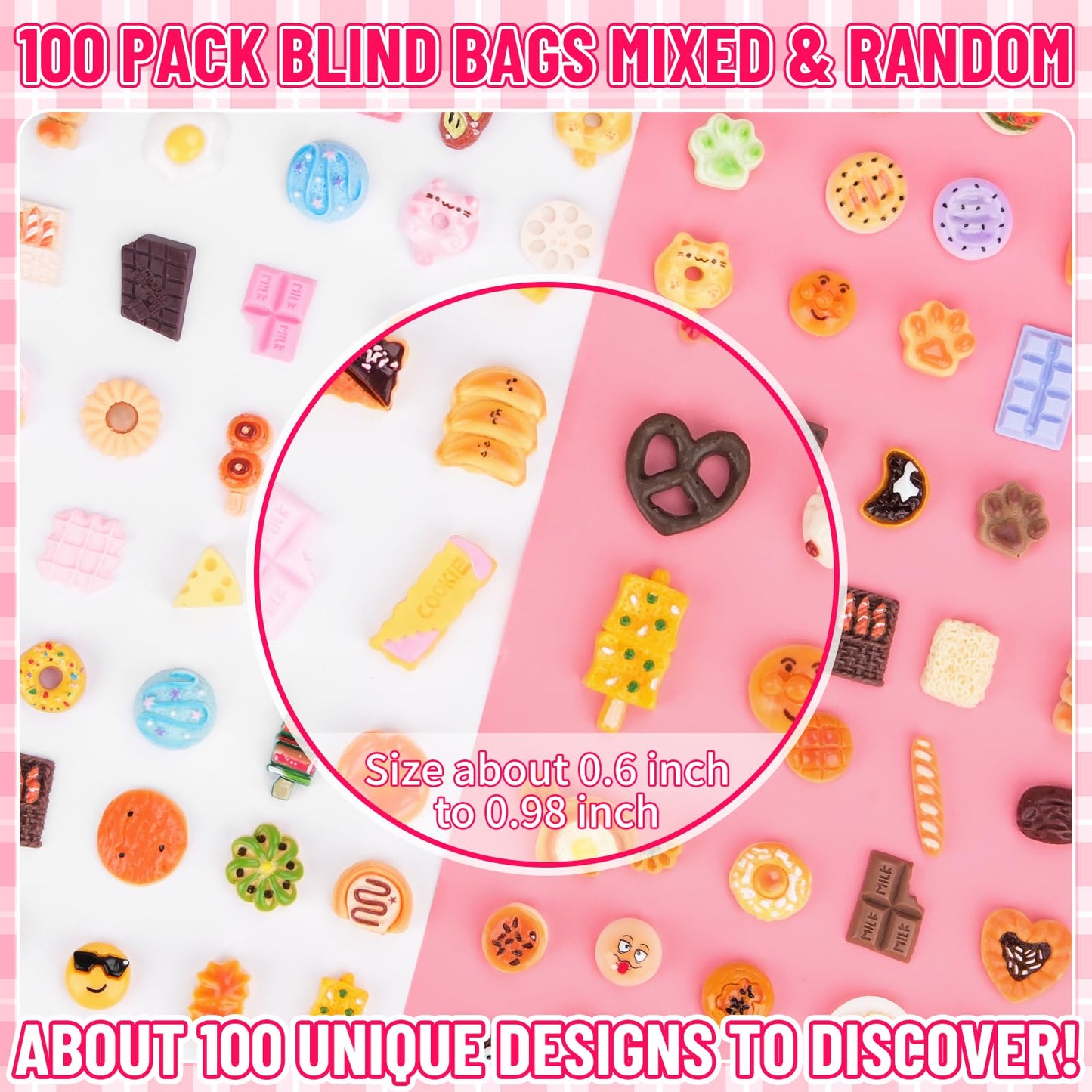 SelfTek 100 Pcs Mystery Food Blind Bags - Mystery Bag Mini Resin Food Figures Bulk, Miniature Food Party Favor for Mini Garden, Resin Craft Accessories Decorations, Cake Décor, GIF-ts
