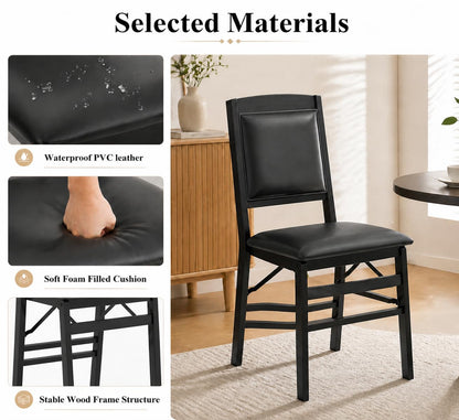 POWERSTONE Folding Chairs Set of 4 with Padded Seat, Foldable Kitchen Dining Chair with Solid Wood Frame, No Assembly Space Saving Design for Home Living Room Small Space (4, Black)