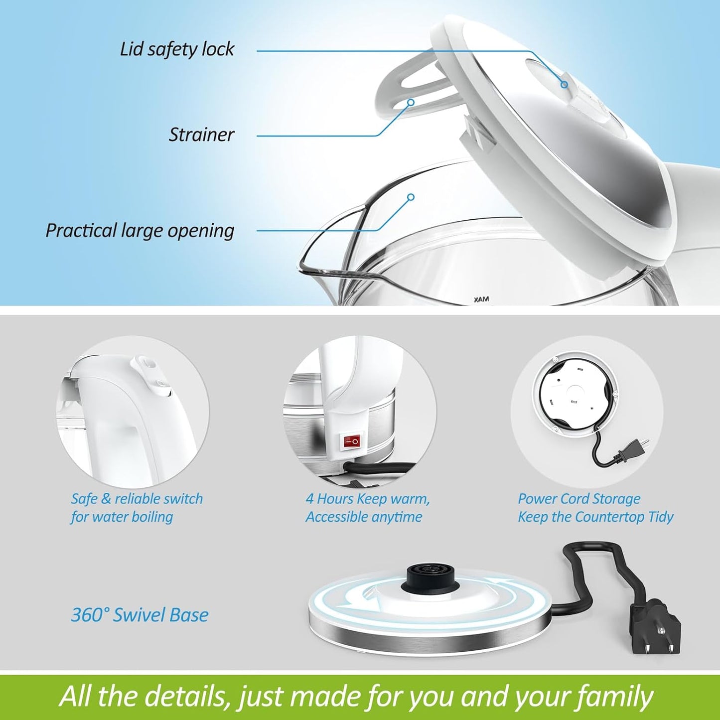 1500W, 1.7L, NISVITU Glass & Stainless Steel Cordless Electric kettle for boiling water, Hot water boiler Electric Tea