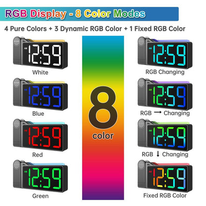 Peakeep Projection Alarm Clock for Bedroom Ceiling, Loud for Heavy Sleepers, RGB Nightlight, Multi-Color Large Display 5 Brightness Dimmer, Plug in Bedside Electric LED Digital Clock with USB Port