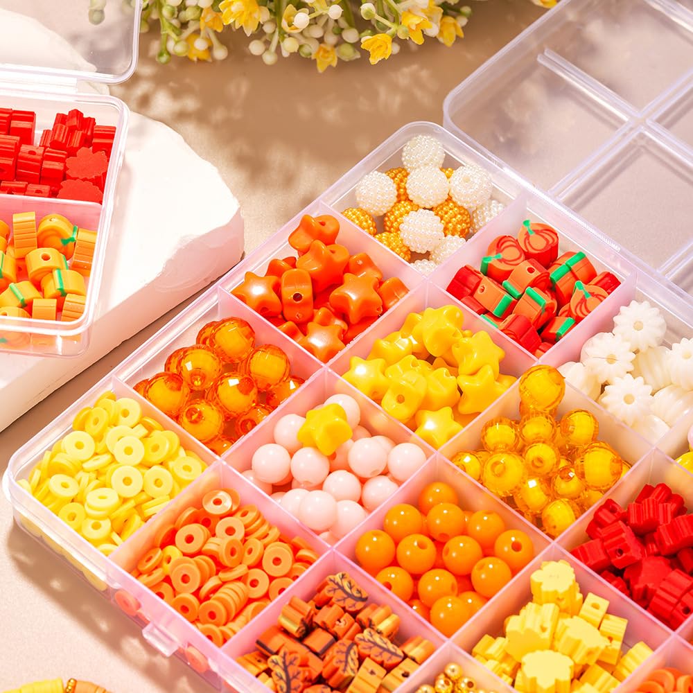 1608Pcs Fall Beads Thanksgiving Jewelry Making Kit - Autumn Polymer Clay & Acrylic Charms for DIY Crafts: Maple Leaf, Pumpkin, Pearl, Star, Round Spacer Bead Mix (Yellow)