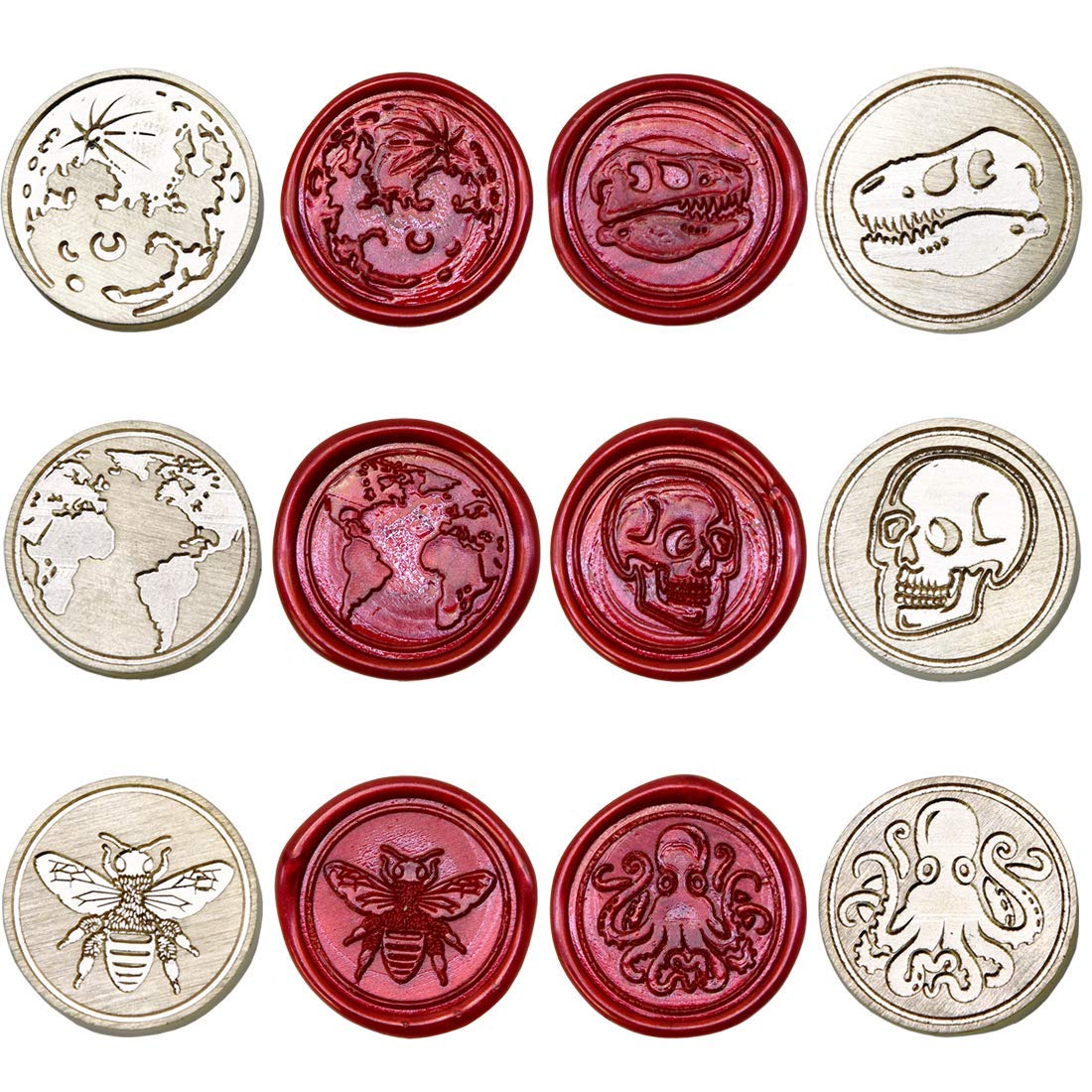 Wax Seal Stamp Kit, Set of 6 Sealing Wax Stamp with Brass Head Wooden Handle (Moon & Sun World Map Dinosaur Skeleton Bumblebee Octopus Design)