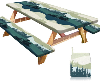HobbLab Rv,72in,Green Picnic Table Cover with Bench Covers Portable Table Cloth Built-in Storage Pocket Fitted