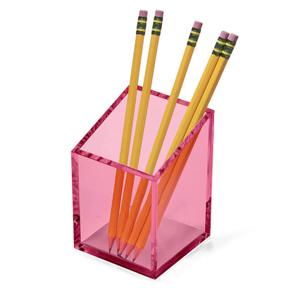 OfficeGoods Acrylic Pen & Pencil Holder - Modern Trapezoid Design - Beautiful Desk Organizer for Home or Office - Contrasting Metal Base - 3" Square w/ 3.5" Front & 4.5" Back - Pink