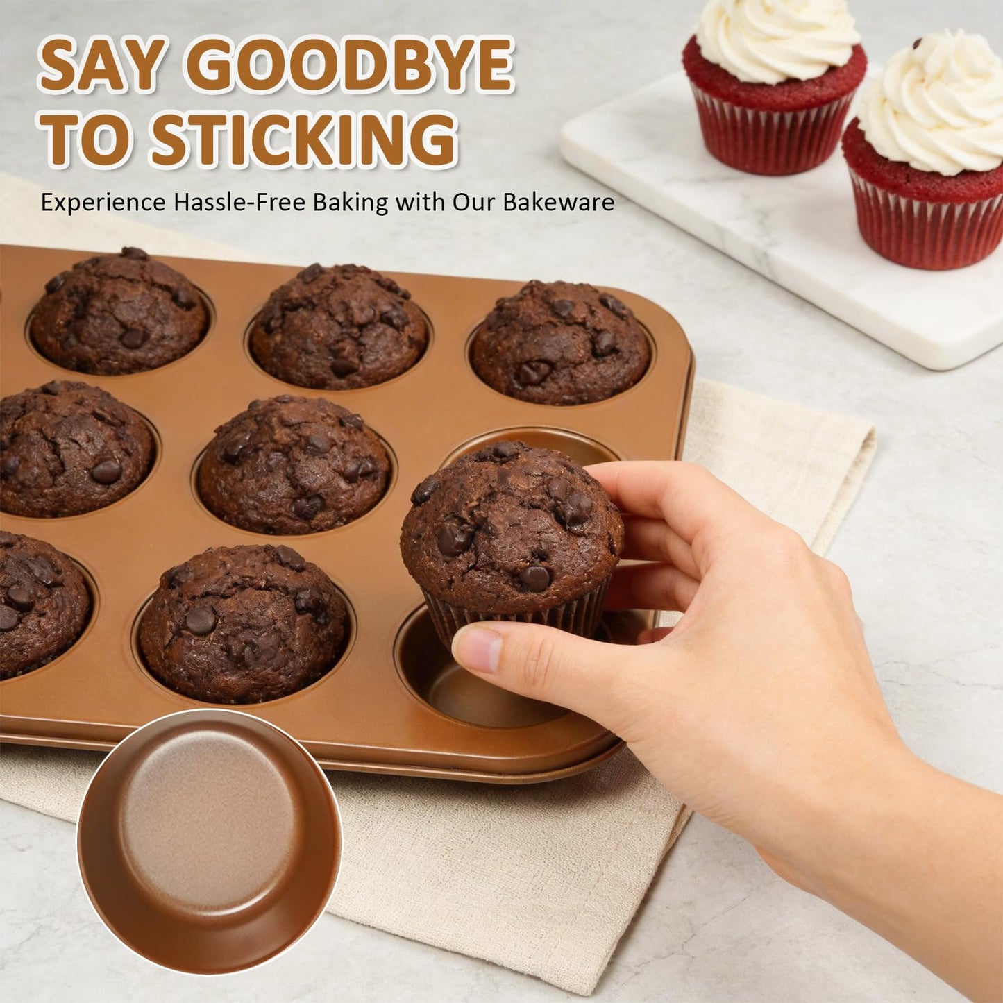 KOOMADE 10PCS Nonstick Baking Pans Set - Bakeware Sets for Cooking, Oven and Dishwasher Safe, Non Toxic, Includes Cookie Sheets for Baking, Muffin Pan, Bread Pan, Cake pan, Loaf Pan, Roasting Pan Gold