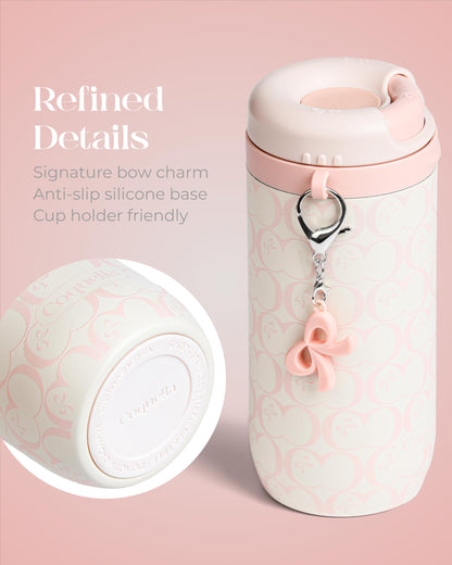 Coquella 15 oz Stainless Steel Coffee Tumbler with Twist-Open Lid, Insulated Travel Mug for Iced Coffee Cold Brew and Warm Beverages, Leakproof, BPA-Free, Cup Holder Friendly, Bow Charm, Blush Pink