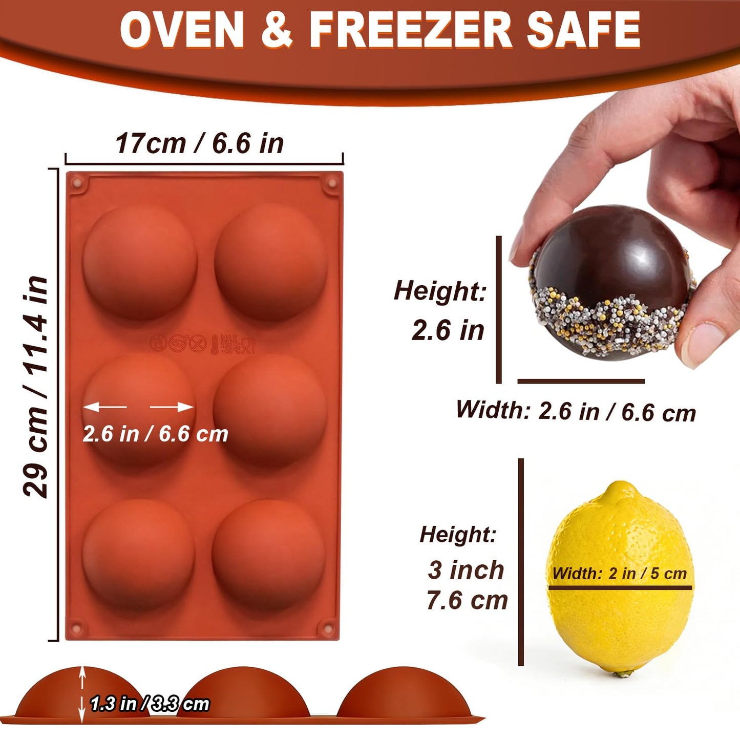 Lerykin 2 Pack Large 6-Cavity Semi Sphere Silicone Molds, Non-Stick Baking Mold for Making Standard Size Hot Chocolate Bomb, Cake, Jelly, Dome Mousse