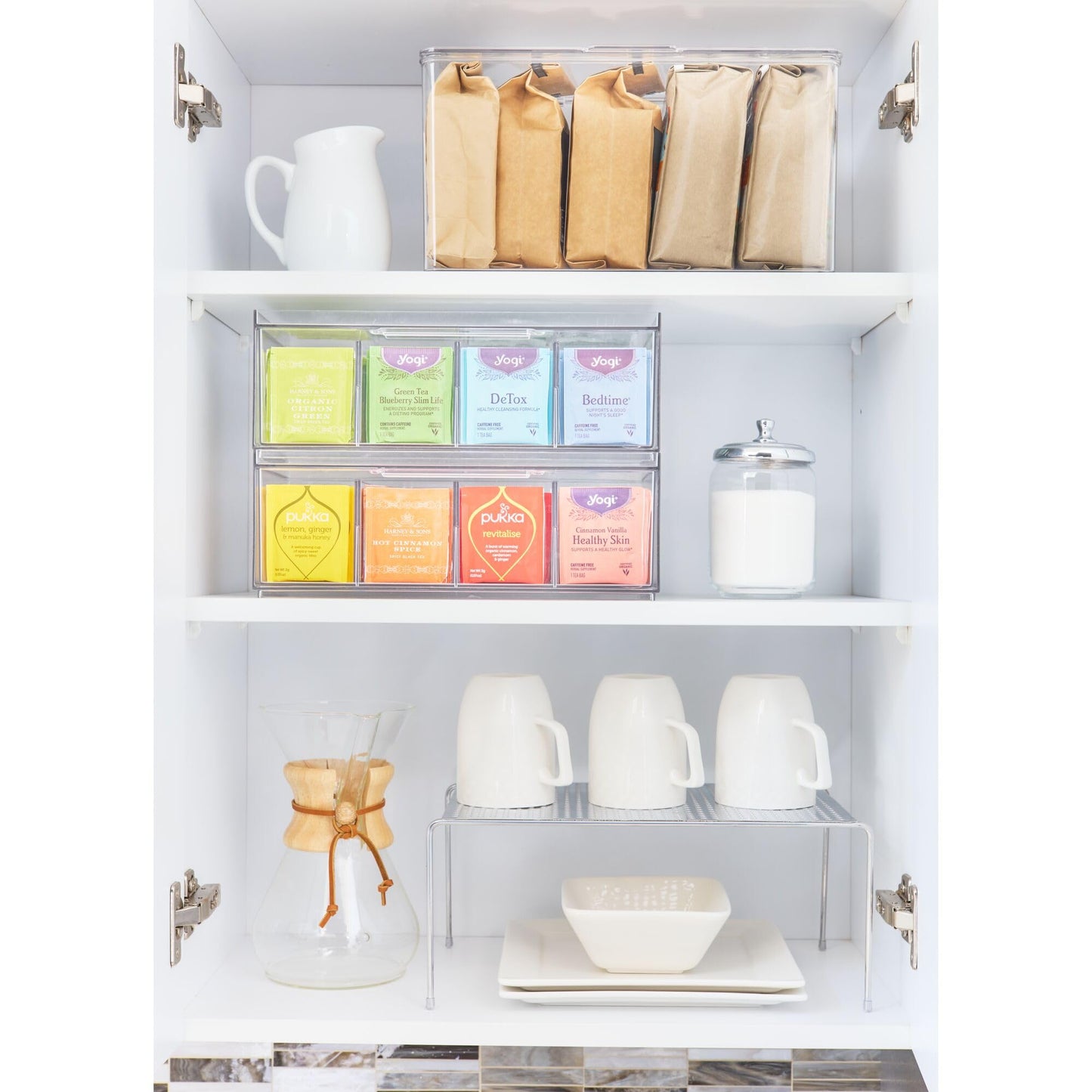 iDesign XL Tea Bag Organizer for Counter, 4-Section Clear Stackable Tea Storage Drawer for Cabinet
