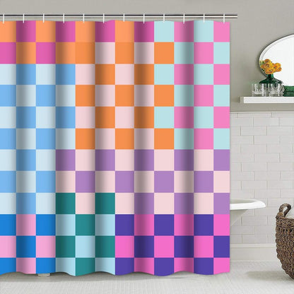 Vostolaiv 4 PCS Checkered Shower Curtain Sets Fun Gingham Bathroom Sets Soft Non Slip Bath Rugs Toilet Cover U-Shaped Mat Retro Bright Waterproof Shower Curtains with 12 Hooks for Tub Toilet, Colorful