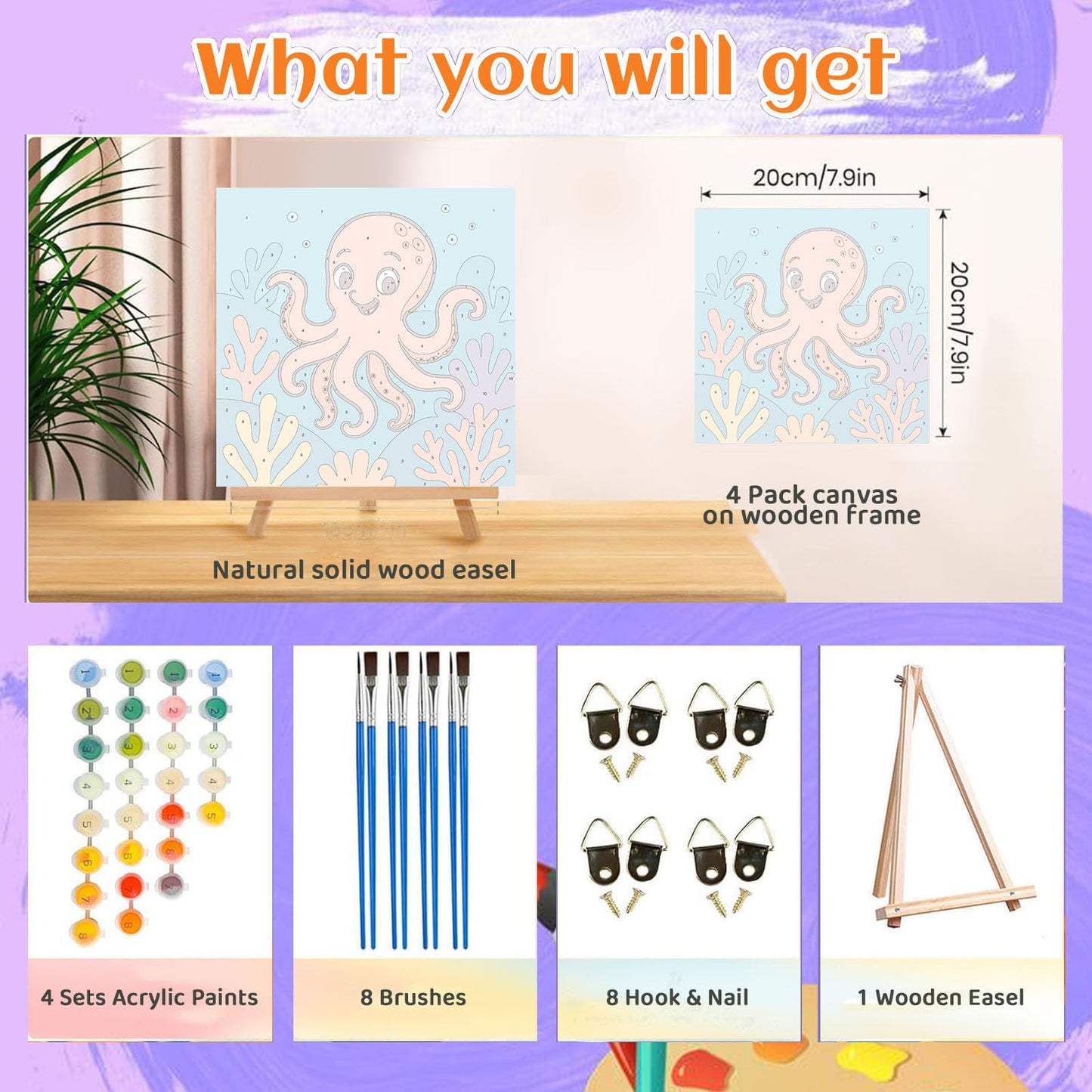 4 Pack Paint by Numbers Kit for Kids with Frame - Animals Paint by Number for Kids, Marine Animals Kid Painting by Number Kits Age 5-8, DIY Acrylic Oil Painting Kits for Home Wall Decor (8X8inch)