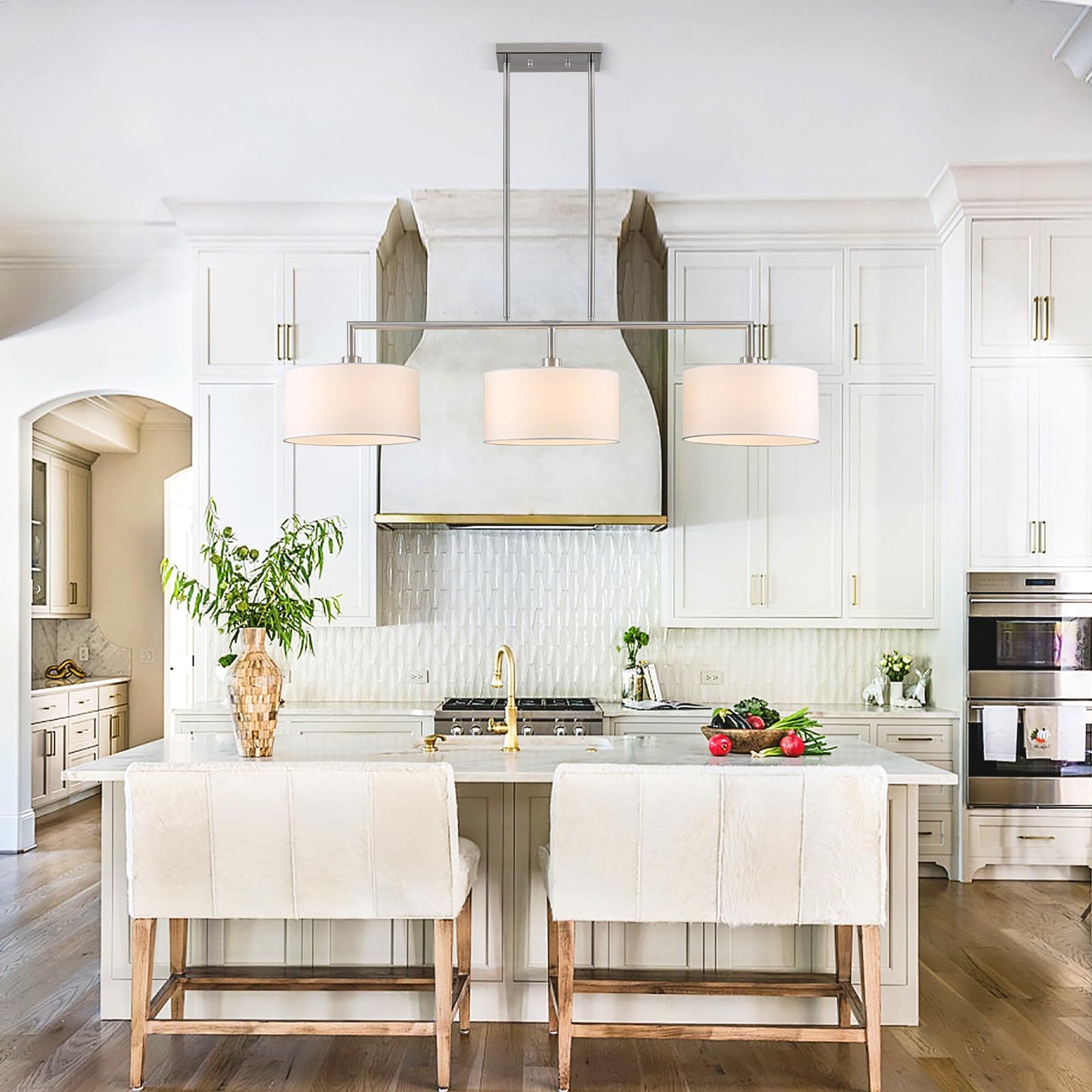 47" Linear Kitchen Island Lighting 3-Light Brushed Nickel Chandelier with White Fabric Drum Shade Adjustable Hanging Pendant Light for Dining Room Light Fixtures Over Table,Kitchen,Bar,Living Room,E26