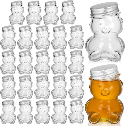 24 Pack 2.7 oz Patelai Glass Bear Shaped Honey Jars with Lids Reusable Small Tilted Bear Glass Bottles Containers