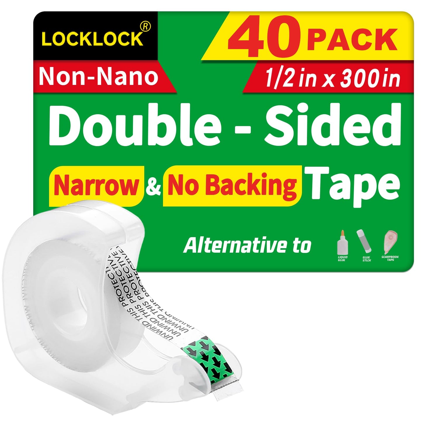 LOCKLOCK Double Sided Tape Light Duty, 40 Pack, 1/2 x 300 inches, Narrow Double StickTape with Dispenser for Crafts, Gift Wrapping, Alternative to Scrapbook Tape, Office School Supplies.