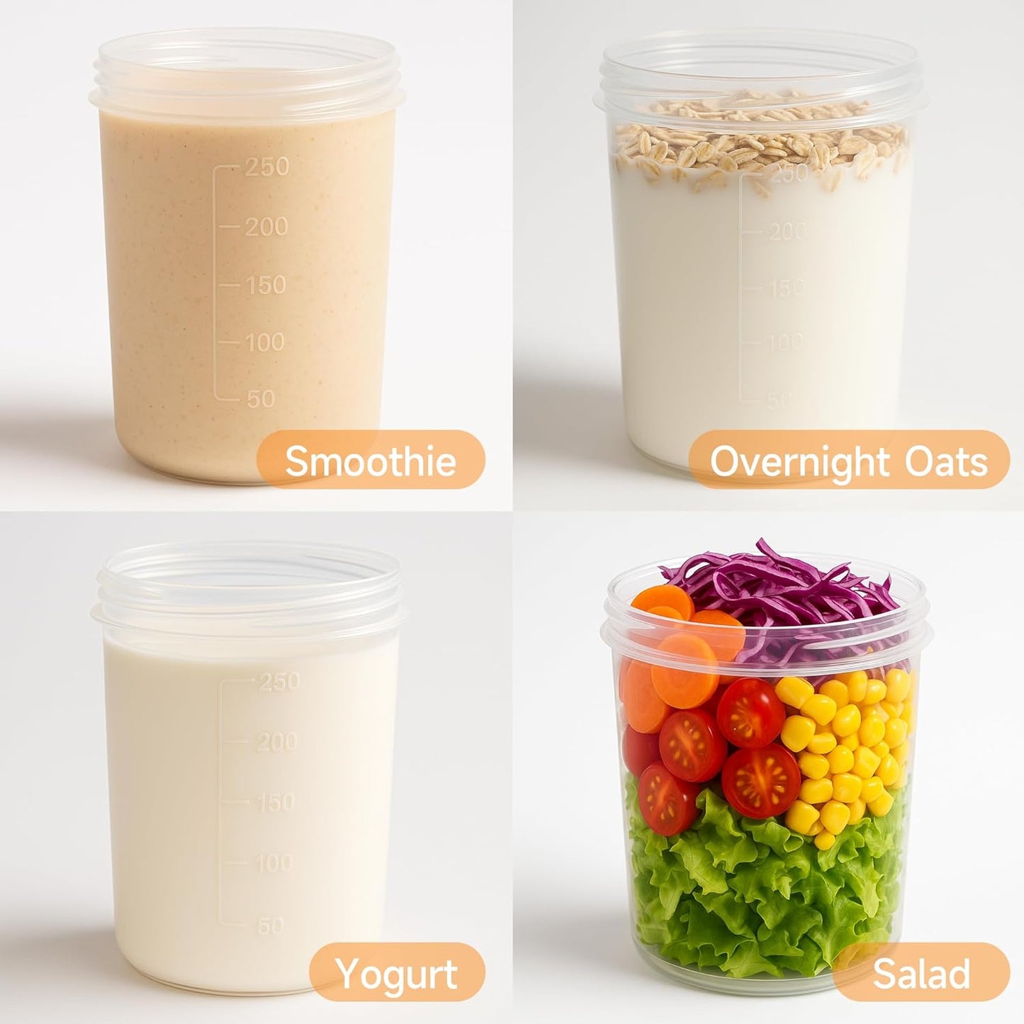 Vesalen 2-Layer 2 Pack) Reusable Parfait Cups with Lids & Spoon Leakproof Overnight Oats Containers, BPA-Free PP