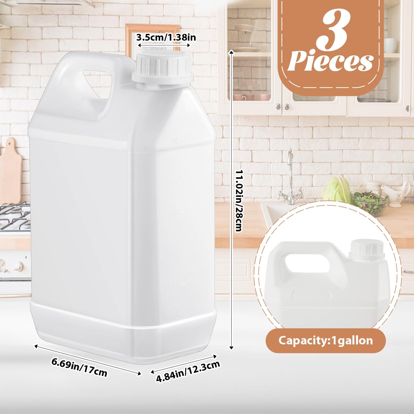 Ziliny 3 Pcs 1 Gallon Plastic Jug with Lids Square Empty Storage Containers Hdpe Carboy Plastic Jar Containers for Water Milk Beverage Oil Liquids (White)