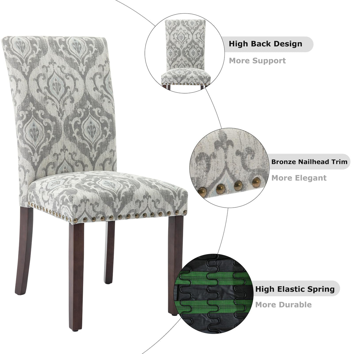 COLAMY Upholstered Parsons Dining Chairs Set of 6, Fabric Dining Room Kitchen Side Chair with Nailhead Trim and Wood Legs - Grey/White Flower