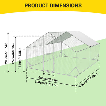 13.1' L x 9.8' W x 6.6' H Large Metal Chicken Coop, Outdoor Chicken Run with Cover and Double Door for Backyard Farm Yard