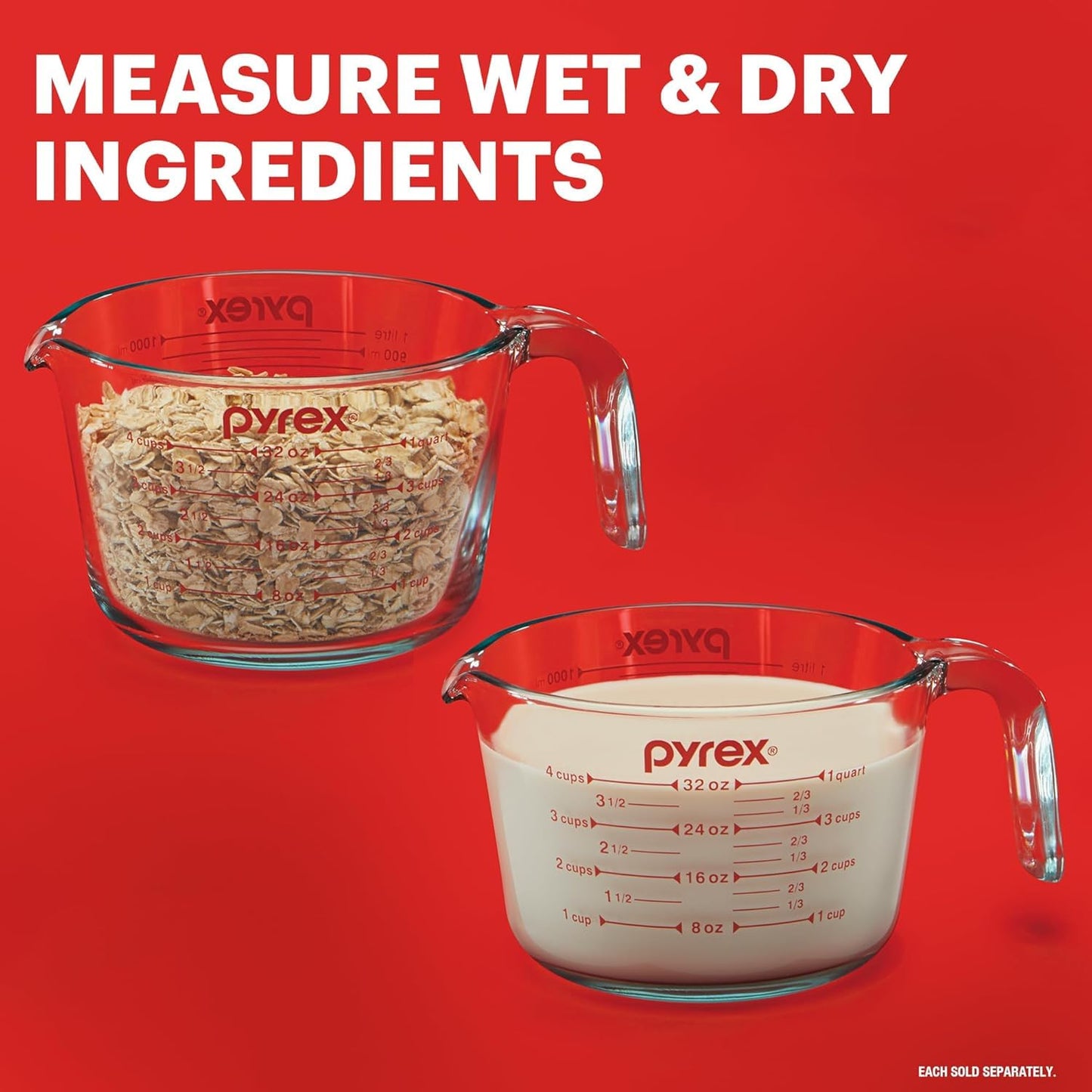 Pyrex Essentials (2-Pack) Glass Measuring Cups Set, (1 & 2 Cup) Measuring Cups For Prepping, Baking and Cooking, Preheated Oven, Dishwasher, Freezer, and Microwave Safe