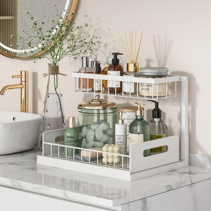 REALINN Under Sink Organizer, Pull Out Cabinet Organizer, 2 Tier Metal Slide Out Shelf with L Shaped Design, Under Cabinet Storage for Kitchen, Bathroom, Laundry, Deep Cabinet Shelf Storage, White
