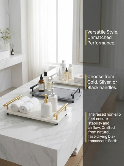Instant Dry Sink Caddy Organizer,Diatomaceous Earth Bathroom Organizer with Handle Water Absorbing Stone Tray for Sink Water Absorbent Diatomite Coasters (S Gray Gold Handle)