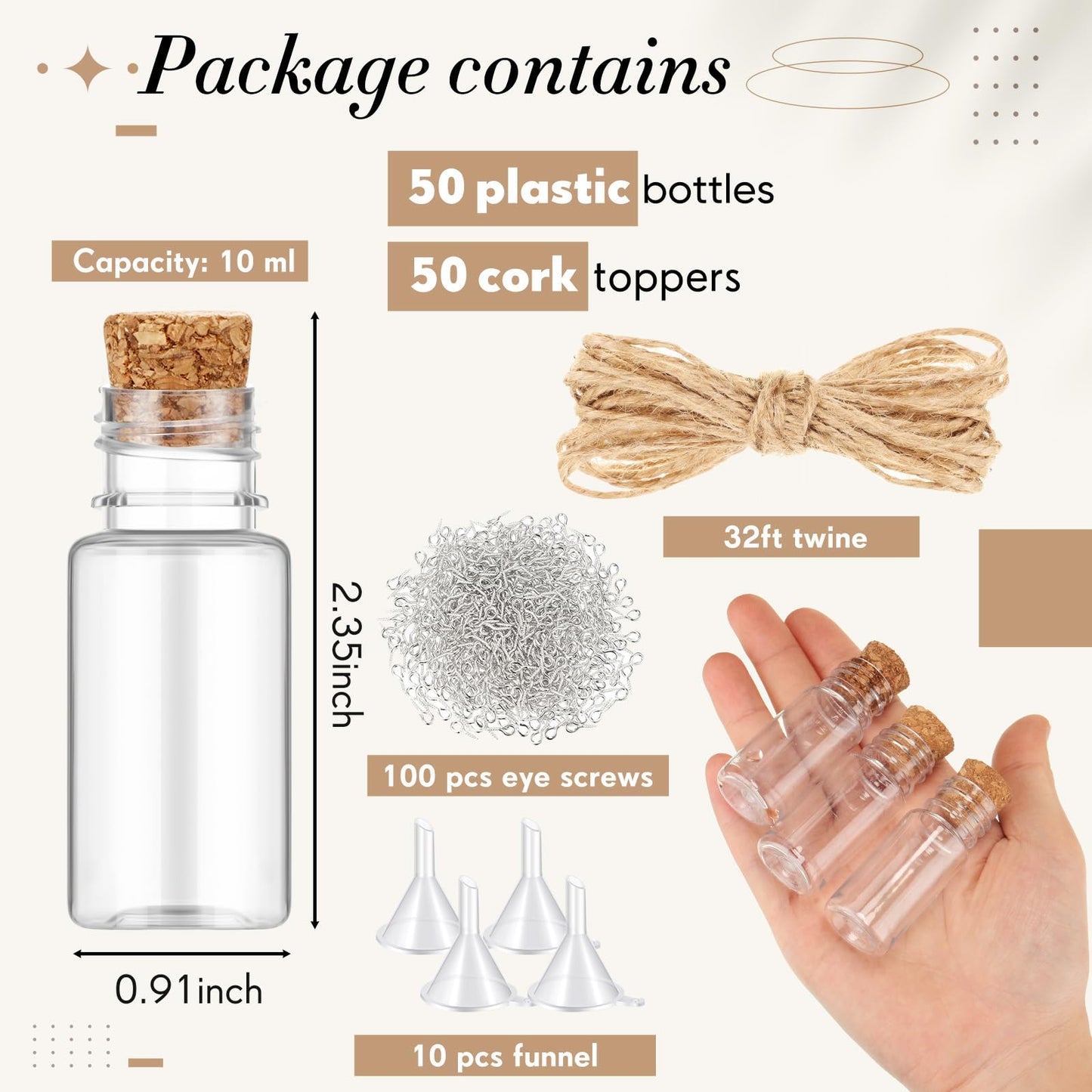 Bokon 50 Packs Mini Plastic Bottles with Corks Stoppers Eye Screws Funnels Small Potion Bottles Tiny Clear Sand Art Jar Wishing Vial for Birthday Party DIY Crafts Gift (1 x 2.28 Inch)