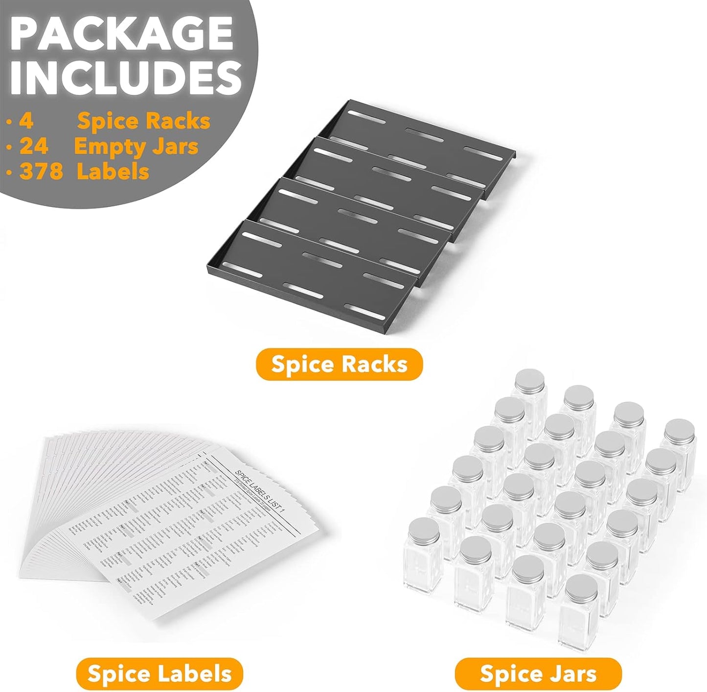 24 378 4 11.25" 17.5" SpaceAid Spice Drawer Organizer with Spice Jars, White Minimalist Spice Labels, Tier Seasoning