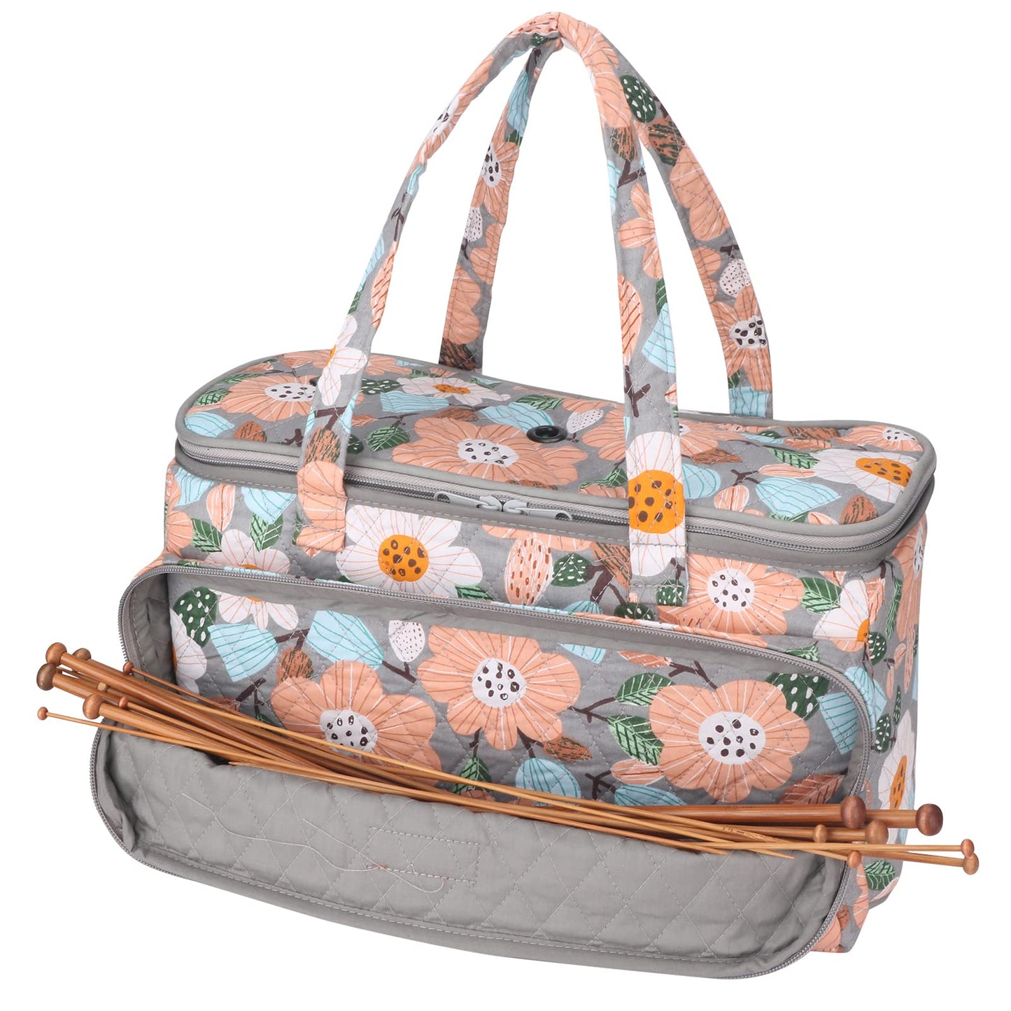 Hanfetch Yarn Bag-Large Size-Yarn Storage Organizer with Grommets-Portable Crochet Bag for Yarn Skeins-Crochet Hooks-Knitting Needles -Other Accessories (Flower-Grey)