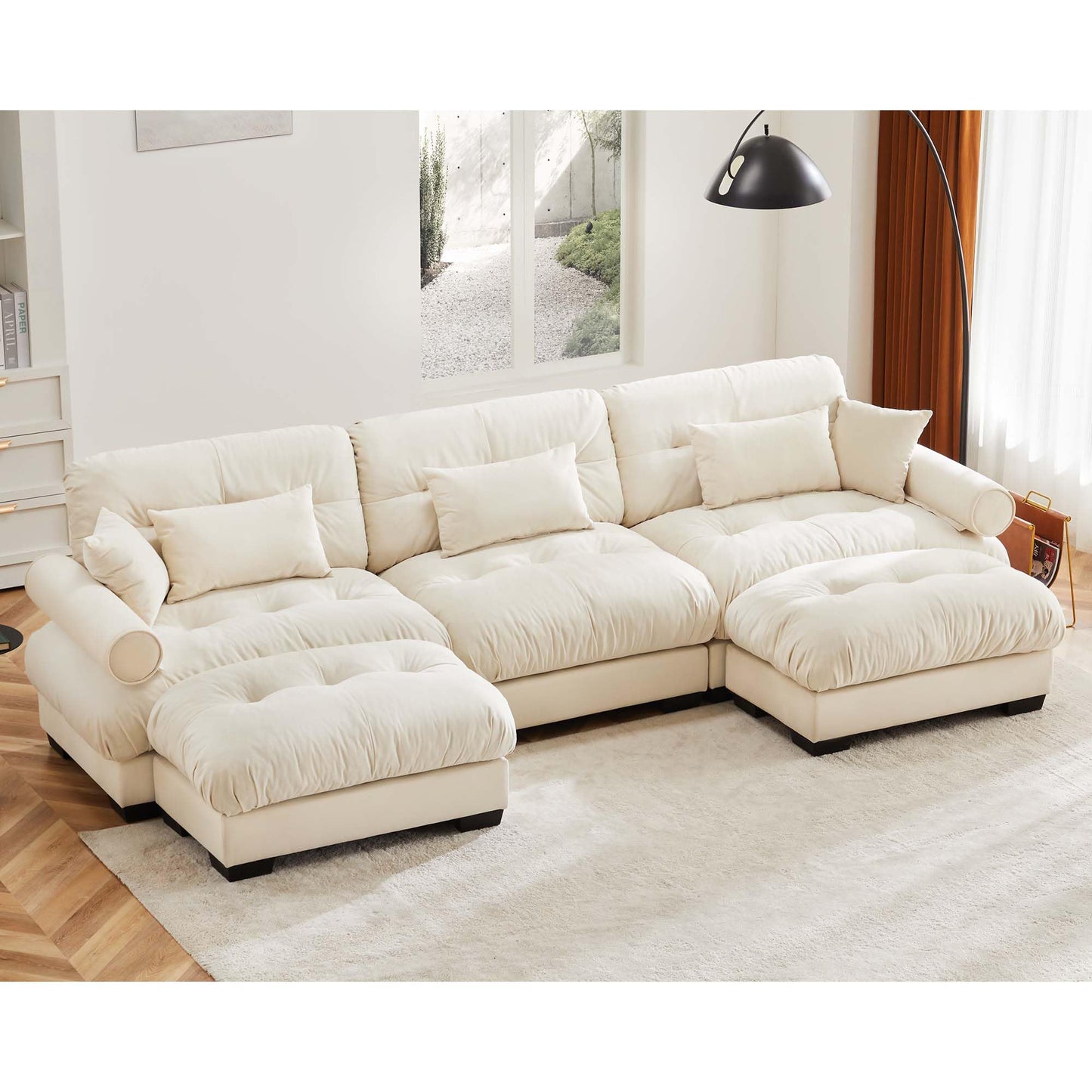 Ball & Cast U Shaped Sectional Sofa,130" 3-Seater Cloud Couch with Waist Pillows,Throw Pillows and Blostered Armrests,Convertible Comfy Chenille Sofa w/Removable Ottomans,for Living Room,Cream