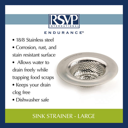 RSVP International Endurance® Stainless Steel Large Sink Strainer, 4.5" | Traps Food Scraps | Polished Finish with Precision Pierced Holes | Dishwasher Safe