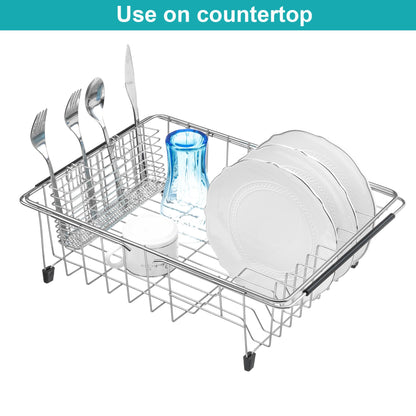 iPEGTOP Expandable Dish Drying Rack Over Sink, Rustproof Stainless Steel Basket Shelf, Multifunctional Dish Drainer Organizer with Utensil Cutlery Holder