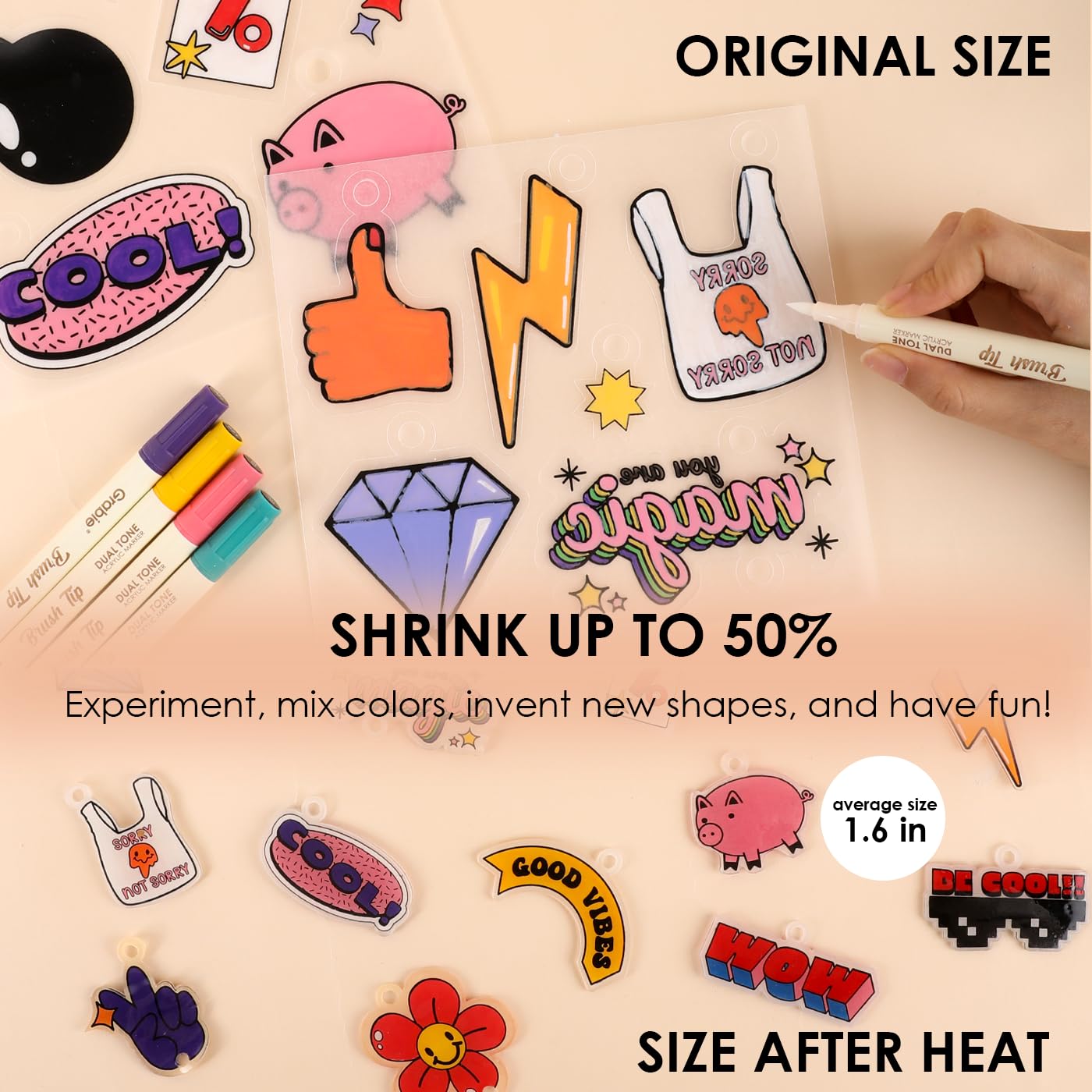 Grabie DIY Shrink Art Craft Kit Jewelry Making Kit for Kids Adults, 25+ Pre-Cut Shapes, 5 Dual-Tip Markers, Custom Charms, Pins, Rings, Keychains (Retro Vibes - Beginner Friendly)