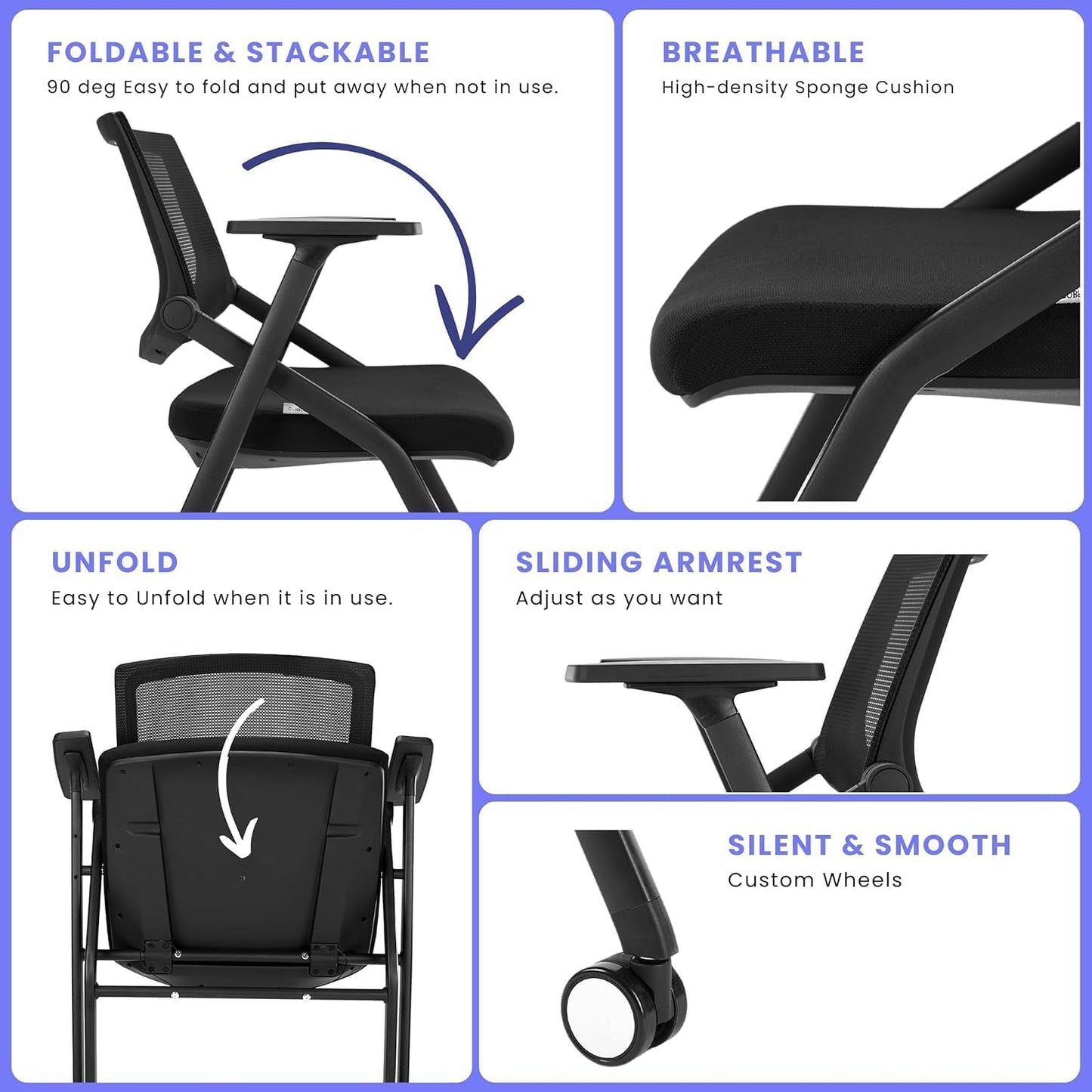 BROBRIYO, 4 Pack Stackable Conference Room Chairs with Wheels and Paddle, Ergonomic Mesh Back and Arms for Meeting, Conference, Reception, Training Room & Home Office Desk Folding Chairs (2 Boxes)