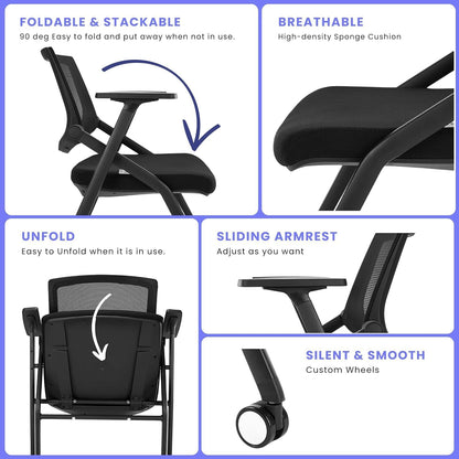 BROBRIYO, 4 Pack Stackable Conference Room Chairs with Wheels and Paddle, Ergonomic Mesh Back and Arms for Meeting, Conference, Reception, Training Room & Home Office Desk Folding Chairs (2 Boxes)