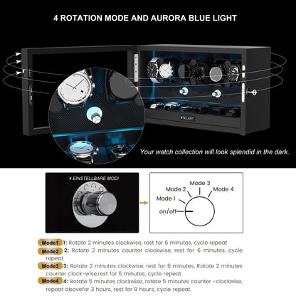 XTELARY Watch Winder for 6 Automatic Watches, Lockable Automatic Winders with Extra 6 Watch Storages, 4 Rotation Modes, Flexible Pillows, Quiet Mabuchi Motor, and Blue Backlight