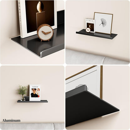 Skiennix Floating Wall Shelf - Modern Off-Center Metal Design for Decor | 12" Black Storage Solution
