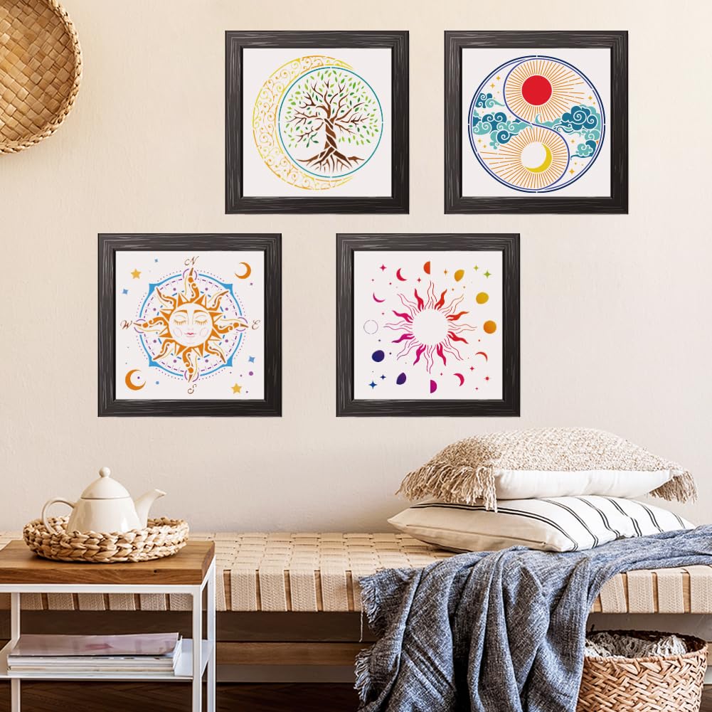 FINGERINSPIRE 12 Pcs Mandala Sun Painting Template with Brush 11.8x11.8inch Moon and Stars Painting Template Tree of Life Painting Stencil Reusable DIY Art Craft Stencil for Wood Floor Wall