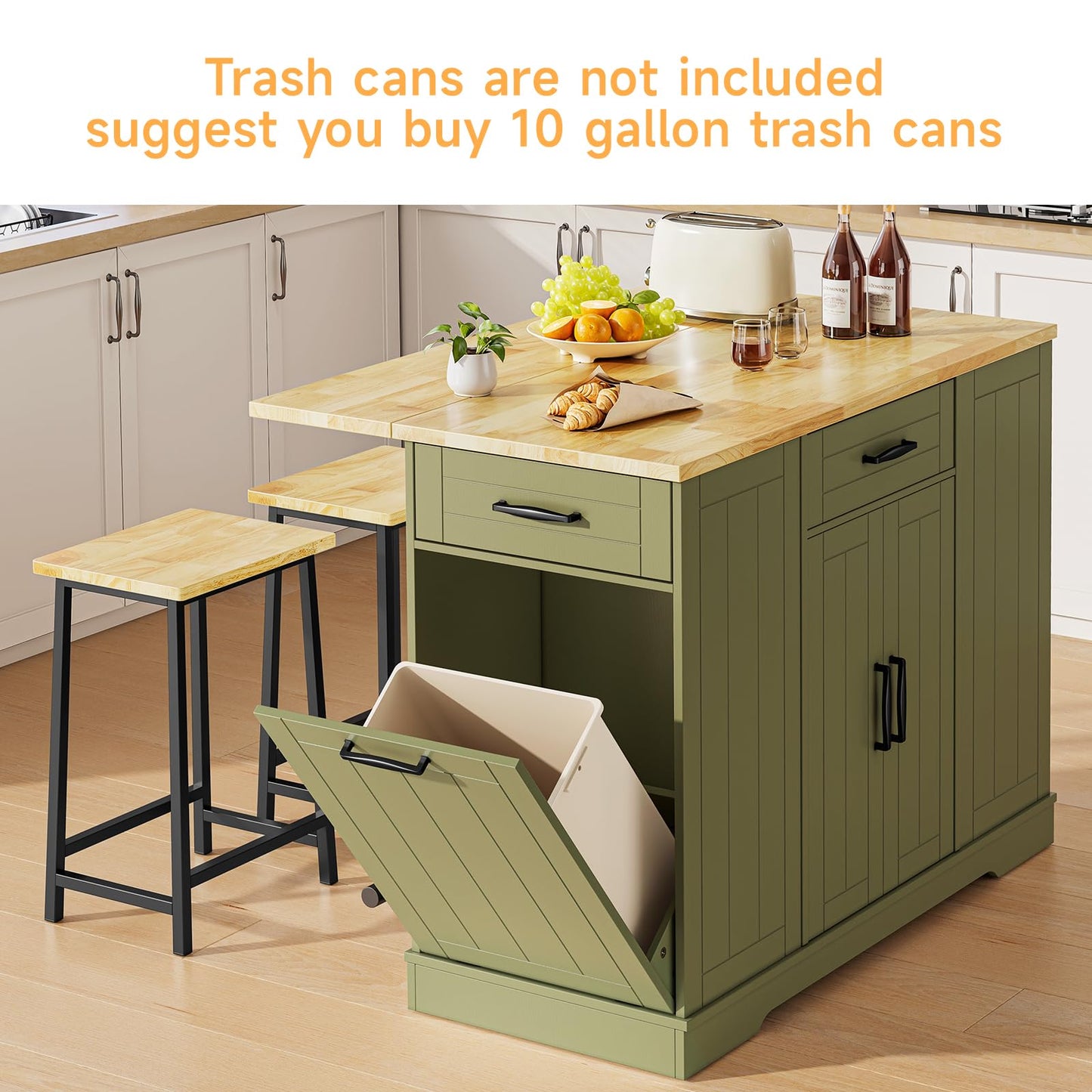 ONBRILL Stationary Kitchen Islands Include 2 Chairs, 47" Kitchen Island with Drop Leaf, Home Bar Table with Spice Rack & with Trash Cabinet, Island Table for Dining Room with Power Outlet, Green