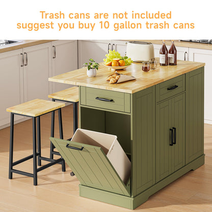 ONBRILL Stationary Kitchen Islands Include 2 Chairs, 47" Kitchen Island with Drop Leaf, Home Bar Table with Spice Rack & with Trash Cabinet, Island Table for Dining Room with Power Outlet, Green